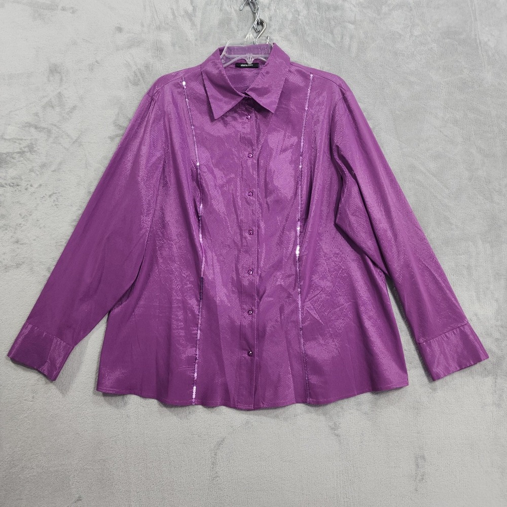 Elena Miro Shirt Womens 18 Purple Satin Striped Sequin Button Front Long Sleeve